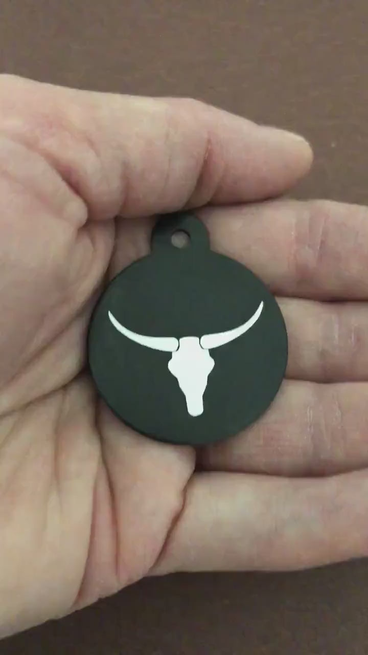 Longhorn, Yak, Large Circle Black Tag, Personalized Aluminum Tag, Diamond Engraved, Dog Tag Cat Tag Small Animal Tag Human ID Tag Kitty