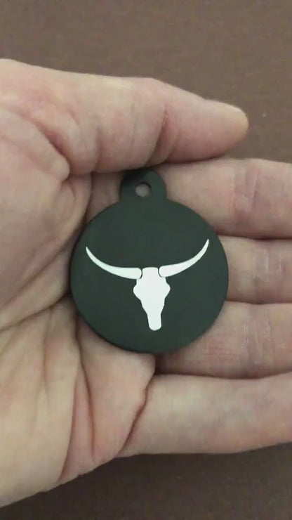 Longhorn, Yak, Large Circle Black Tag, Personalized Aluminum Tag, Diamond Engraved, Dog Tag Cat Tag Small Animal Tag Human ID Tag Kitty