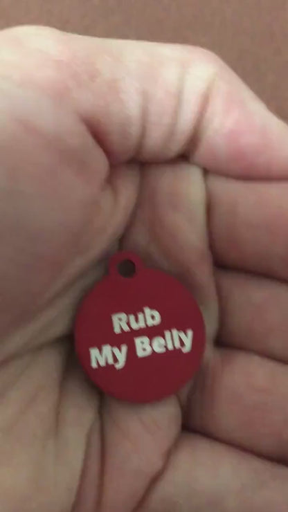 Rub My Belly, Small Red Circle Aluminum Tag, Personalized Diamond Engraved, Cat Tag, Dog Tag, Pet ID Tags, Lost Pet, For Dog Collar, RMBSRC