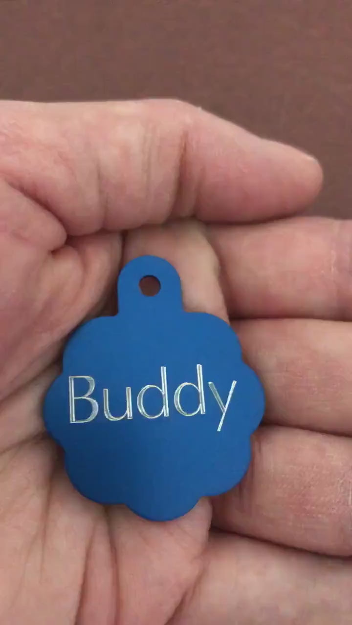 Large Blue Rosette Tag,  Personalized Aluminum Tag, Diamond Engraved, Dog, Cat Tag, ID Tag Kitty Tag Puppy Tag For Bags, Collars, Key Chains