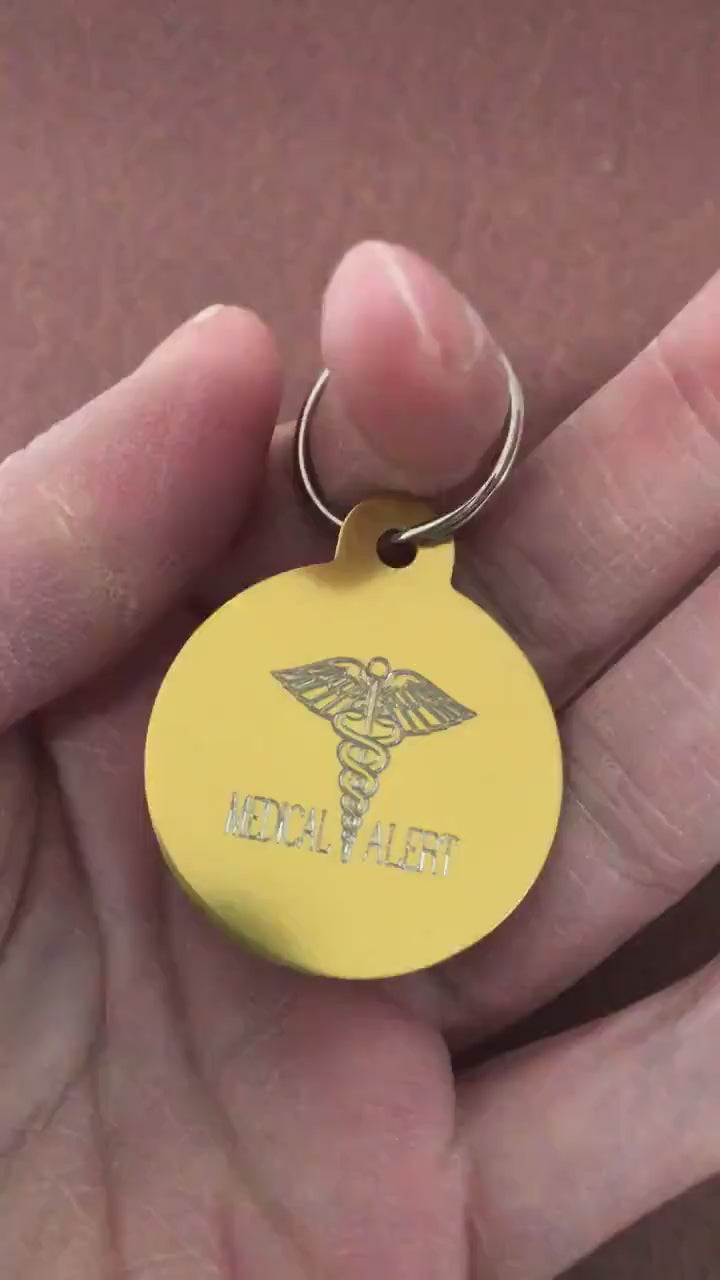 Medical Alert, Large Circle Personalized Aluminum Tag, Diamond Engraved, ID For Bags, Backpacks, Key Chains. CAzAPLCT