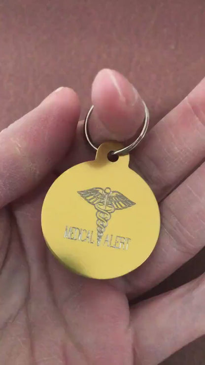 Medical Alert, Large Circle Personalized Aluminum Tag, Diamond Engraved, ID For Bags, Backpacks, Key Chains. CAzAPLCT