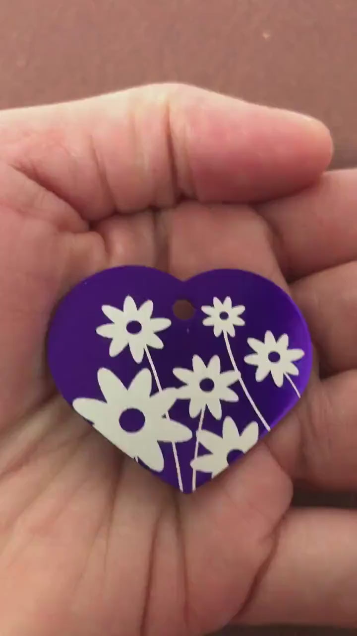 Daisy Floral Print Large Purple Heart Aluminum Tag Diamond Engraved Personalized Dog Tag Cat Tag For Dog Collars For Cat Collars, DFPLPH
