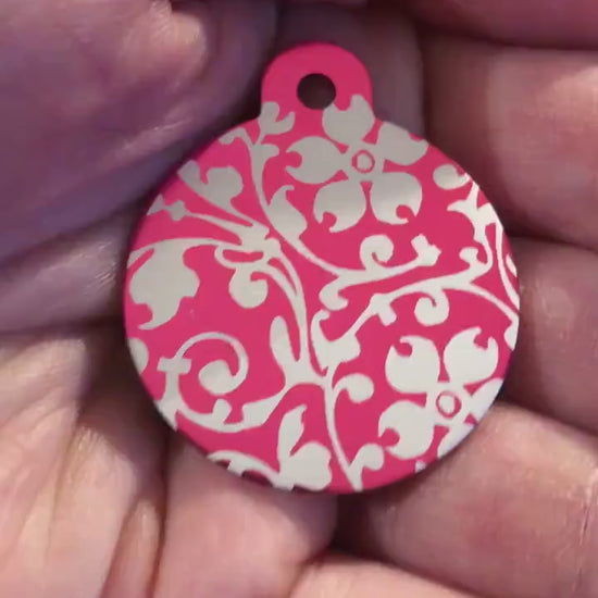 Ornate Floral Print Large Pink Circle Personalized Aluminum Tag Diamond Engraved Keychain Key Chain for Keys Id Tag Back Packs, OFPLPCT