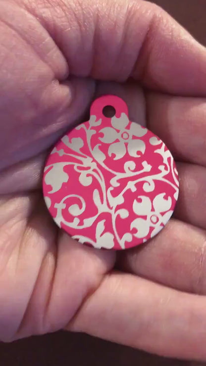 Ornate Floral Print Large Pink Circle Personalized Aluminum Tag Diamond Engraved Keychain Key Chain for Keys Id Tag Back Packs, OFPLPCT