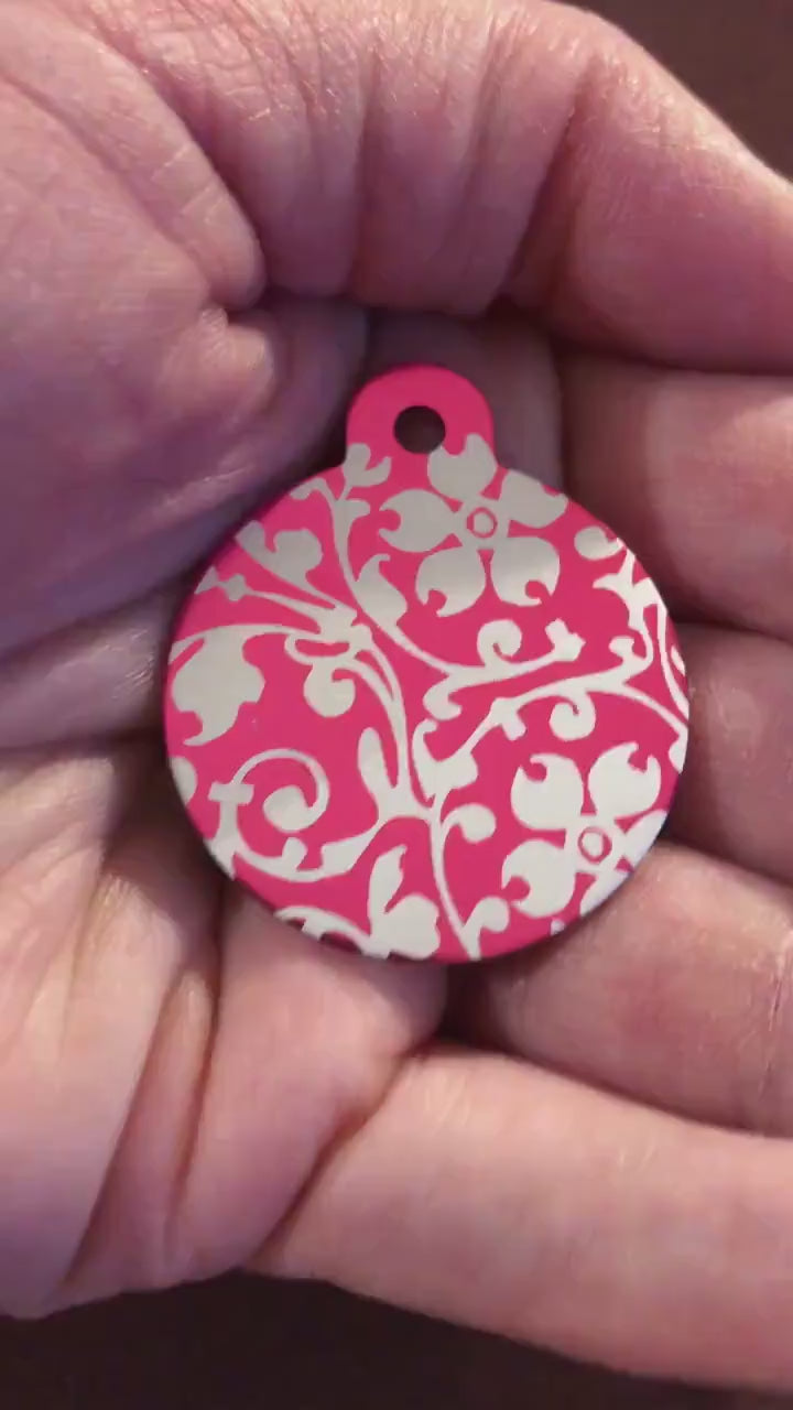 Ornate Floral Print Large Pink Circle Personalized Aluminum Tag Diamond Engraved Keychain Key Chain for Keys Id Tag Back Packs, OFPLPCT