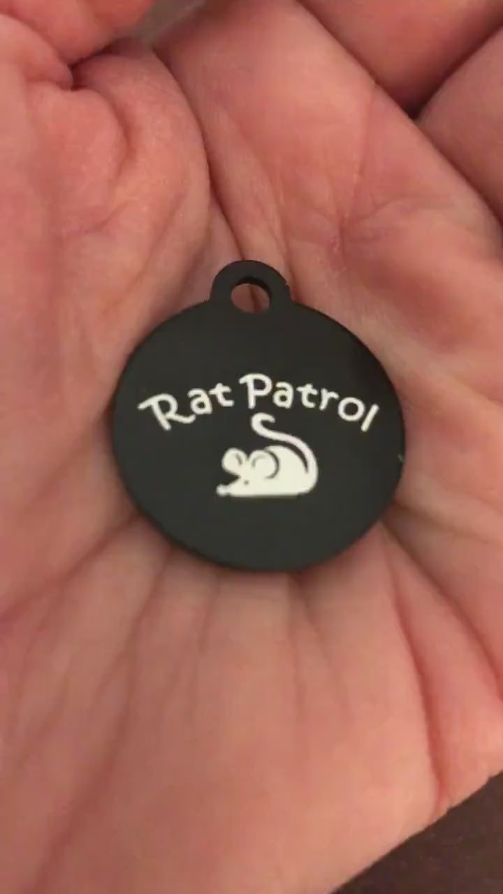 Rat Patrol, Small Black Circle Aluminum Tag, Diamond Engraved, Personalized Cat Tag, Kitten Tag, For Cat Collar RPSBKC