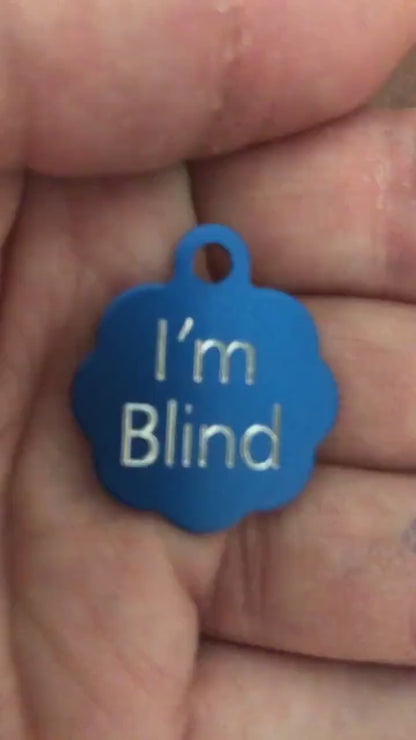 I'm Blind, Small Blue Rosette Aluminum Tag, Personalized Diamond Engraved, Cat Tag, ID Tag, Dog Tag, Tag for Dog Collar, Tag for Cat Collar