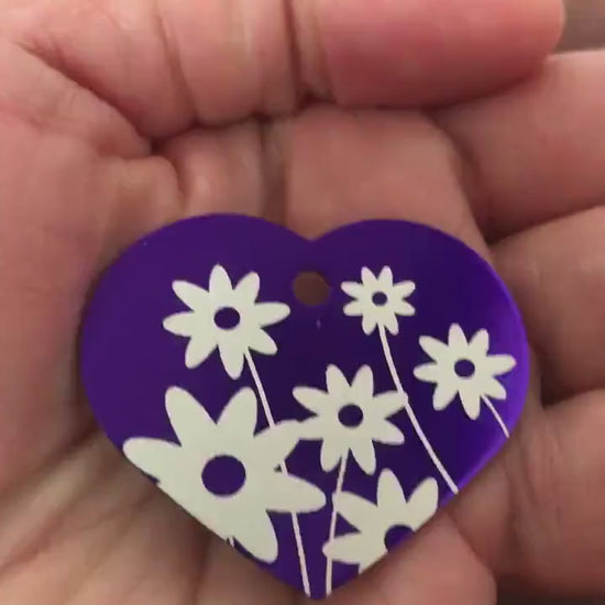 Daisy Floral Print Large Purple Heart Aluminum Tag Diamond Engraved Personalized Dog Tag Cat Tag For Dog Collars For Cat Collars, DFPLPH