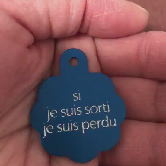 si je suis sorti je suis perdu, Large Blue Rosette Tag, Personalized Aluminum Tag, Diamond Engraved, Dog Cat Tag ID Tag Kitty Tag Puppy Tag