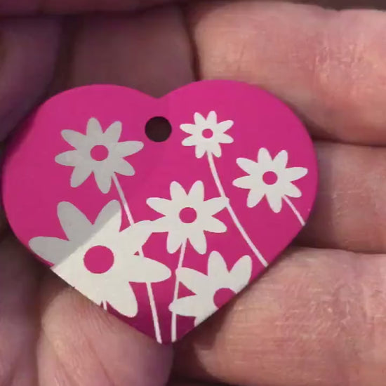 Daisy Floral Print Large Pink Heart Personalized Aluminum Tag, Diamond Engraved, Key Chain, Keychain, For Lost Keys DFPLPH2