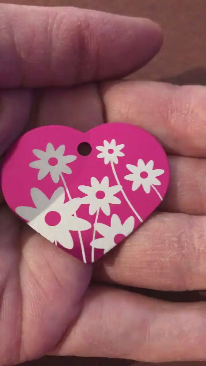 Daisy Floral Print Large Pink Heart Personalized Aluminum Tag, Diamond Engraved, Key Chain, Keychain, For Lost Keys DFPLPH2