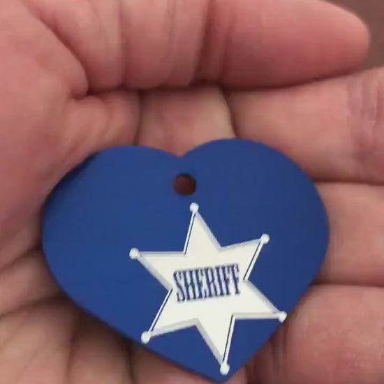 Sheriff, Sheriff Tag, Large Blue Heart Aluminum Tag Personalized Diamond Engraved Pet Tag, Cat Tag, Dog Tag, For Dog Collars, LBSBH