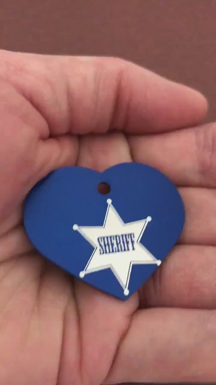 Sheriff, Sheriff Tag, Large Blue Heart Aluminum Tag Personalized Diamond Engraved Pet Tag, Cat Tag, Dog Tag, For Dog Collars, LBSBH