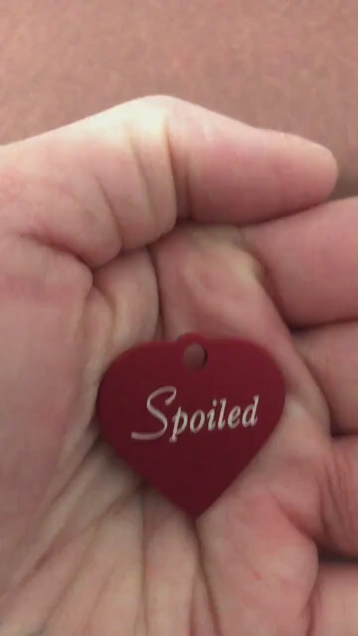 Spoiled, Small Red Heart Aluminum Tag, Personalized Diamond Engraved, Pet Tag, Cat Tag, Dog Tag, Tag For Bags, Backpacks,  For Collars. SSRH