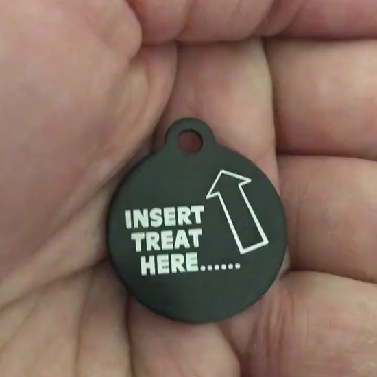 Insert Treat Here Small Black Circle Aluminum Tag Personalized Diamond Engraved Cat ID Dog ID Cat tag Dog Tag Pet Tags Id Tags