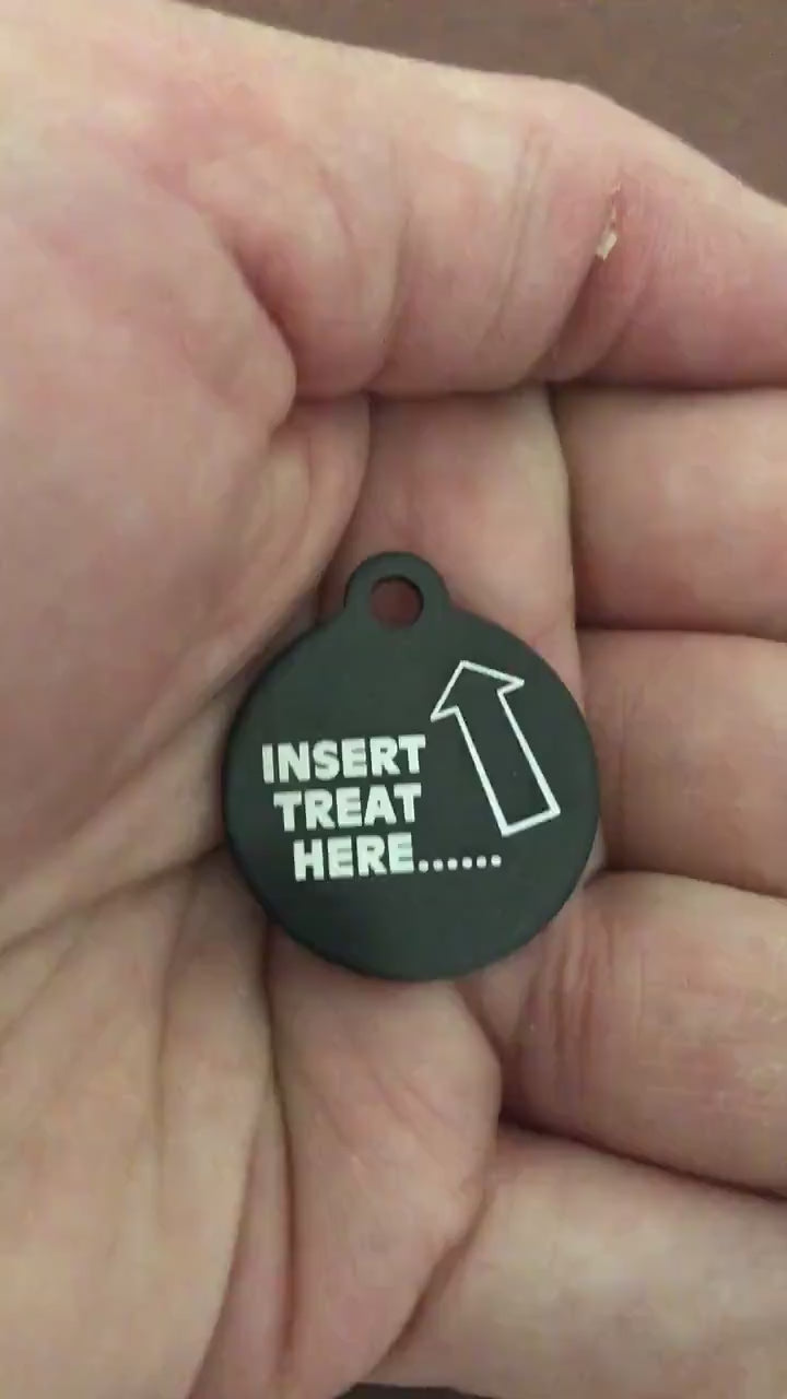 Insert Treat Here Small Black Circle Aluminum Tag Personalized Diamond Engraved Cat ID Dog ID Cat tag Dog Tag Pet Tags Id Tags