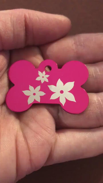 Lily Floral Print, Large Pink Bone Personalized Aluminum Tag, Diamond Engraved Dog Tag Cat Tag Small Animal Tag Human ID Tag Kitty Tag Puppy