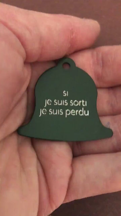 si je suis sorti je suis perdu, Large Green Bell, Personalized Aluminum Tag Diamond Engraved Dog Cat Tag ID Tag Kitty Tag Puppy Tag, Collars