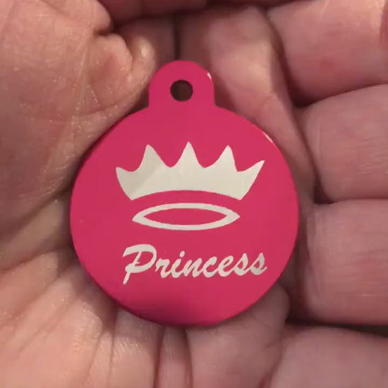 Princess Crown Large Pink Circle Personalized Aluminum Tag Diamond Engraved Dog Tag Cat Tag Small Animal Tag Human ID Tag Kitty Tag Puppy