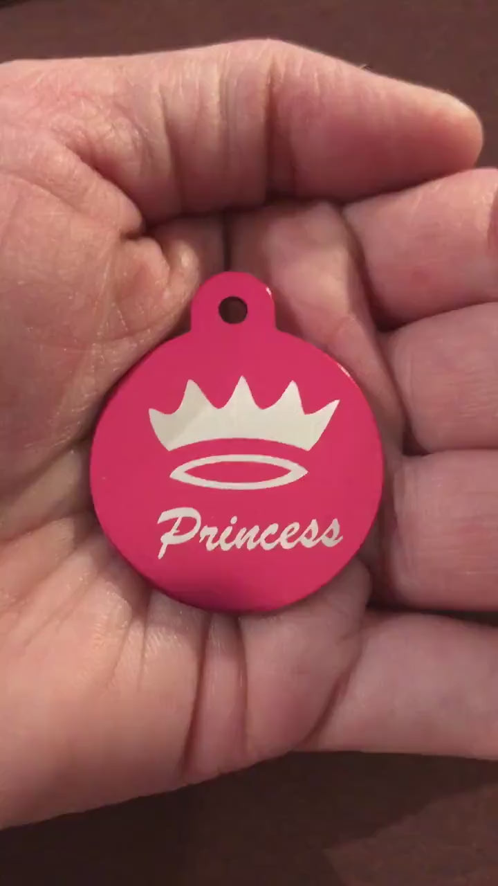 Princess Crown Large Pink Circle Personalized Aluminum Tag Diamond Engraved Dog Tag Cat Tag Small Animal Tag Human ID Tag Kitty Tag Puppy