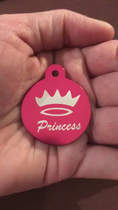 Princess Crown Large Pink Circle Personalized Aluminum Tag Diamond Engraved Dog Tag Cat Tag Small Animal Tag Human ID Tag Kitty Tag Puppy