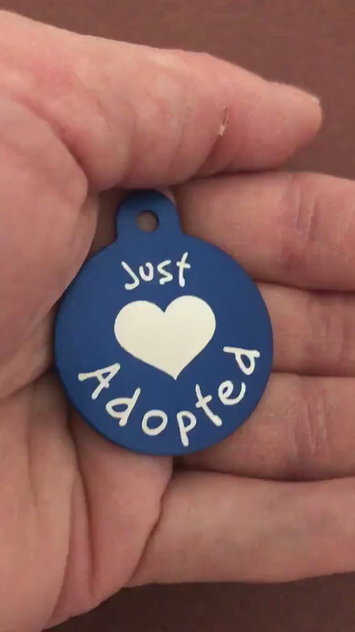 Just Adopted Large Circle Tag Blue Personalized Aluminum Tag Diamond Engraved Dog Tag Cat Tag Animal Tag Kitty Tag Puppy Tag