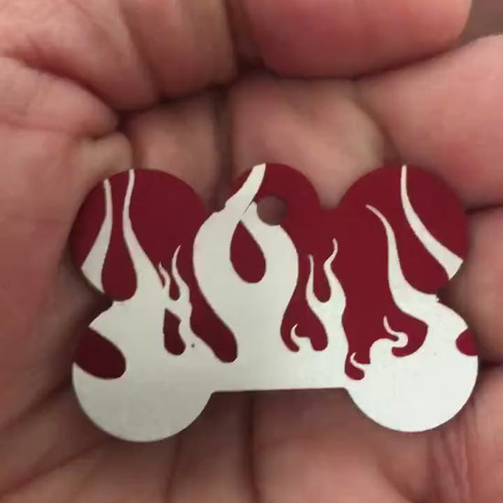 Punk Print Flames Design, Large Red Bone, Personalized Aluminum Tag, Diamond Engraved. Dog Tag. Puppy Tag, For Dog Collar PPFLRB