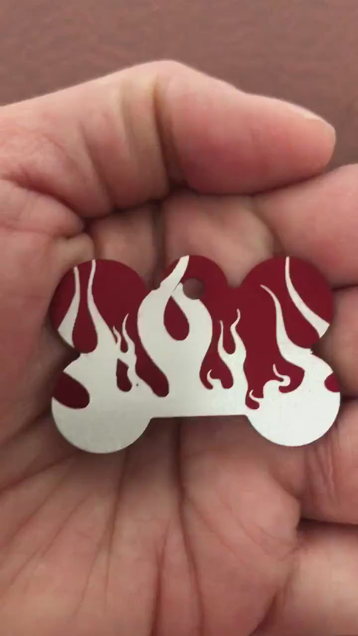 Punk Print Flames Design, Large Red Bone, Personalized Aluminum Tag, Diamond Engraved. Dog Tag. Puppy Tag, For Dog Collar PPFLRB