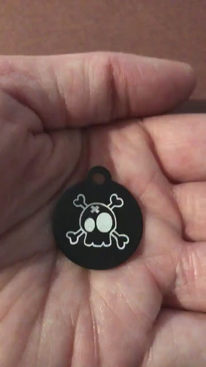 Cartoon Skull and Bones Crossbones Small Black Circle Aluminum Tag Personalized Diamond Engraved Dog Tag Cat Tag ID Tag Pet tag Puppy Tag