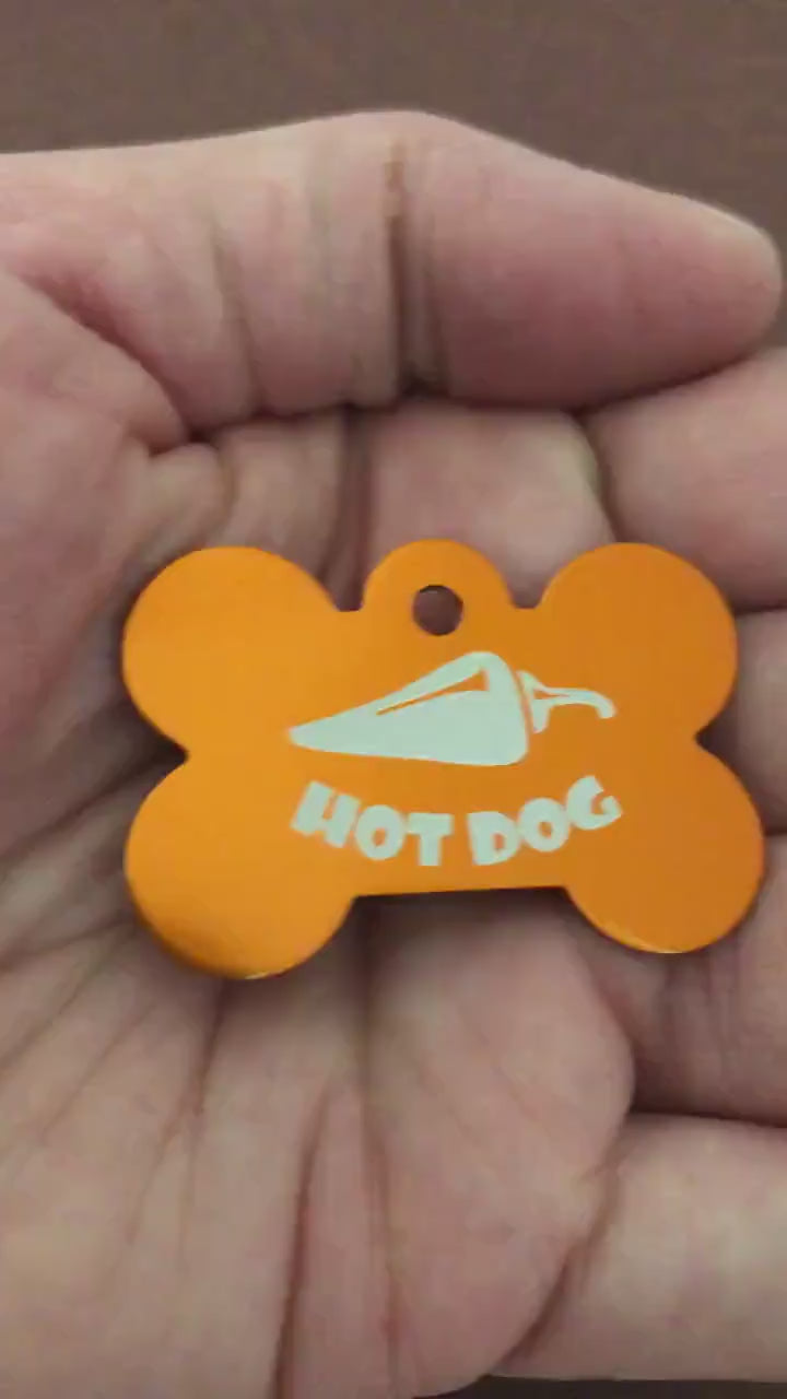 Hot Dog Design Large Orange Bone Personalized Aluminum Tag Diamond Engraved Dog Tag Cat Tag Small Animal Tag Kitty Tag Puppy Tag