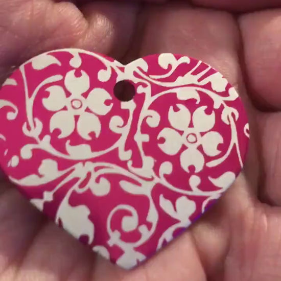 Ornate Floral Print Large Pink Heart Personalized Aluminum Tag, Diamond Engraved, Key Chain, Keychain, For Lost Keys OFPLPH2