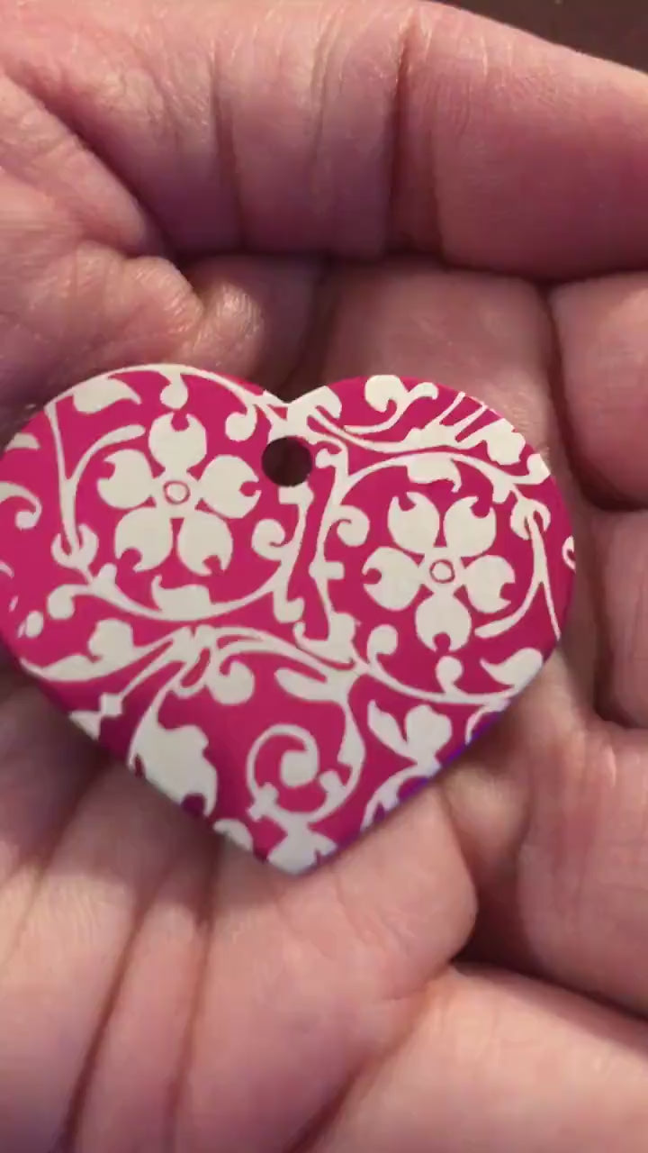 Ornate Floral Print Large Pink Heart Personalized Aluminum Tag, Diamond Engraved, Key Chain, Keychain, For Lost Keys OFPLPH2