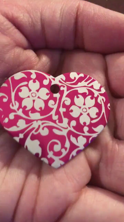 Ornate Floral Print Large Pink Heart Personalized Aluminum Tag, Diamond Engraved, Key Chain, Keychain, For Lost Keys OFPLPH2