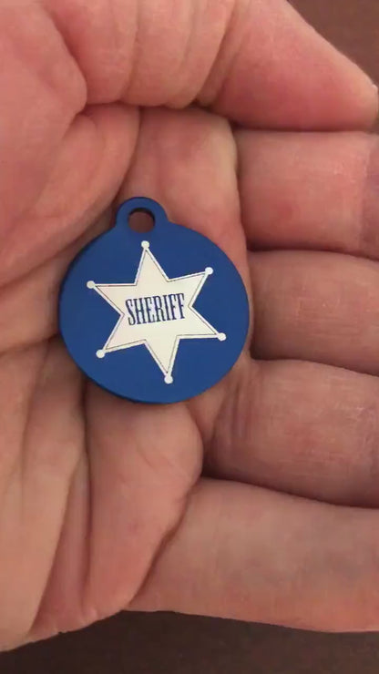 Sheriff, Sheriff Tag, Small Blue Circle Aluminum Tag, Personalized Diamond Engraved Cat ID Dog ID Cat tag Dog Tag Pet Tags Id Tags SBSBLUC