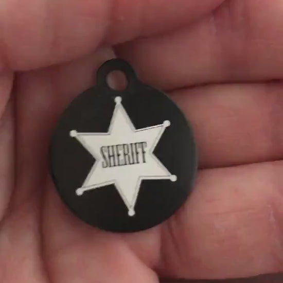 Sheriff, Sheriff Tag, Small Black Circle Aluminum Tag, Personalized Diamond Engraved Cat ID Dog ID Cat tag Dog Tag Pet Tags Id Tags SBSBLKC