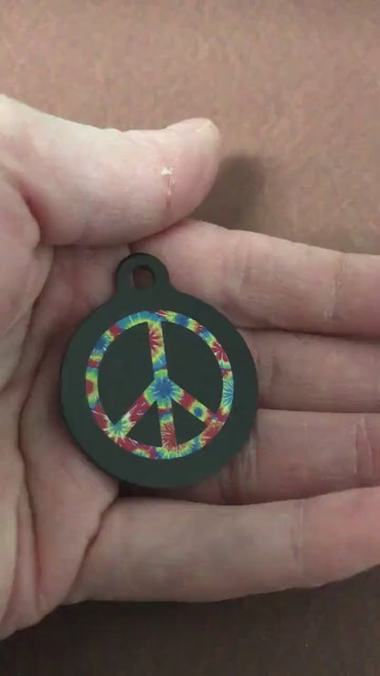 Tie-Dyed Peace Symbol Large Circle Tag Personalized Aluminum Tag Diamond Engraved Dog Tag Cat Tag Puppy Tag Kitty Tag
