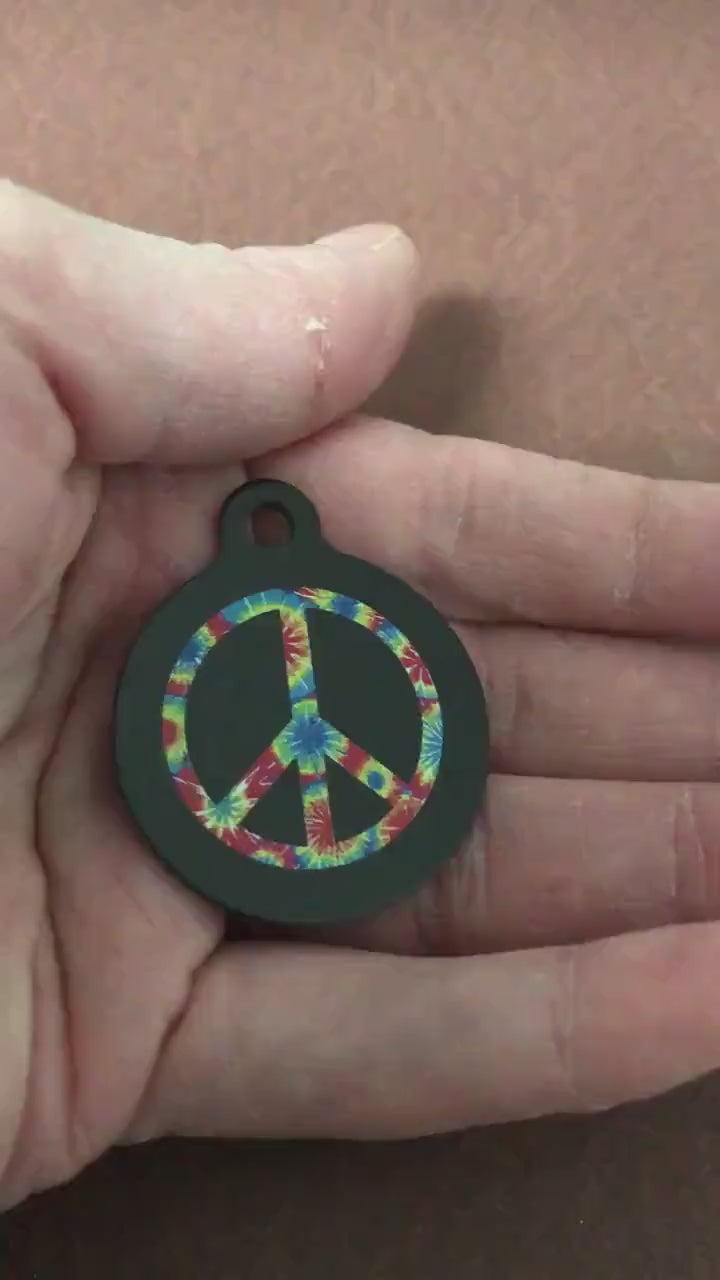 Tie-Dyed Peace Symbol Large Circle Tag Personalized Aluminum Tag Diamond Engraved Dog Tag Cat Tag Puppy Tag Kitty Tag