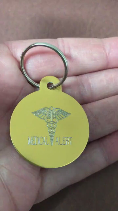 Medical Alert Large Circle, Personalized Aluminum Tag Diamond Engraved ID For Bags, Backpacks, Key Chains. CAzAPLCT2