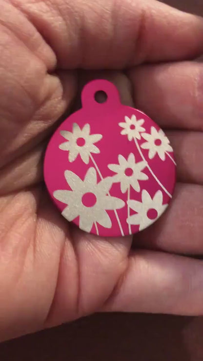 Daisy Floral Print Large Pink Circle, Personalized Aluminum Tag, Diamond Engraved, Dog Tag Cat Tag Small Animal Tag Human ID Tag Kitty Puppy