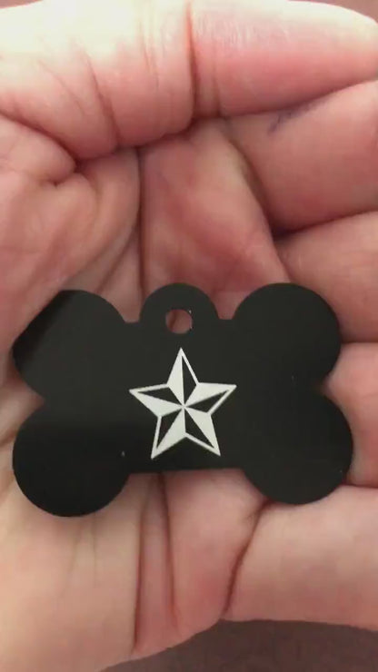 Nautical Star, Large Black Bone Tag, Personalized Aluminum Tag, Diamond Engraved, Dog Tag, Puppy For Dog Collar, Lost Dog ID, NSLBB