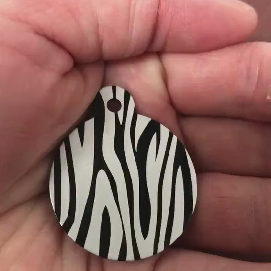 Zebra, Zebra Print, Large Black Circle Personalized Aluminum Tag Diamond Engraved Personal ID Tag Key Chain Keychains ZEBLBKCT