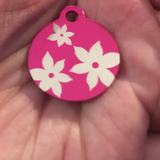 Lily Floral Print Small Circle Pink Aluminum Tag, Personalized Diamond Engraved, Dog Tag, ID Tag, Cat Tag, Kitten Tag, For Cat Collar