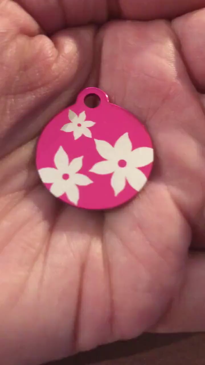 Lily Floral Print Small Circle Pink Aluminum Tag, Personalized Diamond Engraved, Dog Tag, ID Tag, Cat Tag, Kitten Tag, For Cat Collar