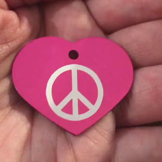 Peace Sign Large Pink Heart Personalized Aluminum Tag, Diamond Engraved, Key Chain, Keychain, For Lost Keys PSLPH