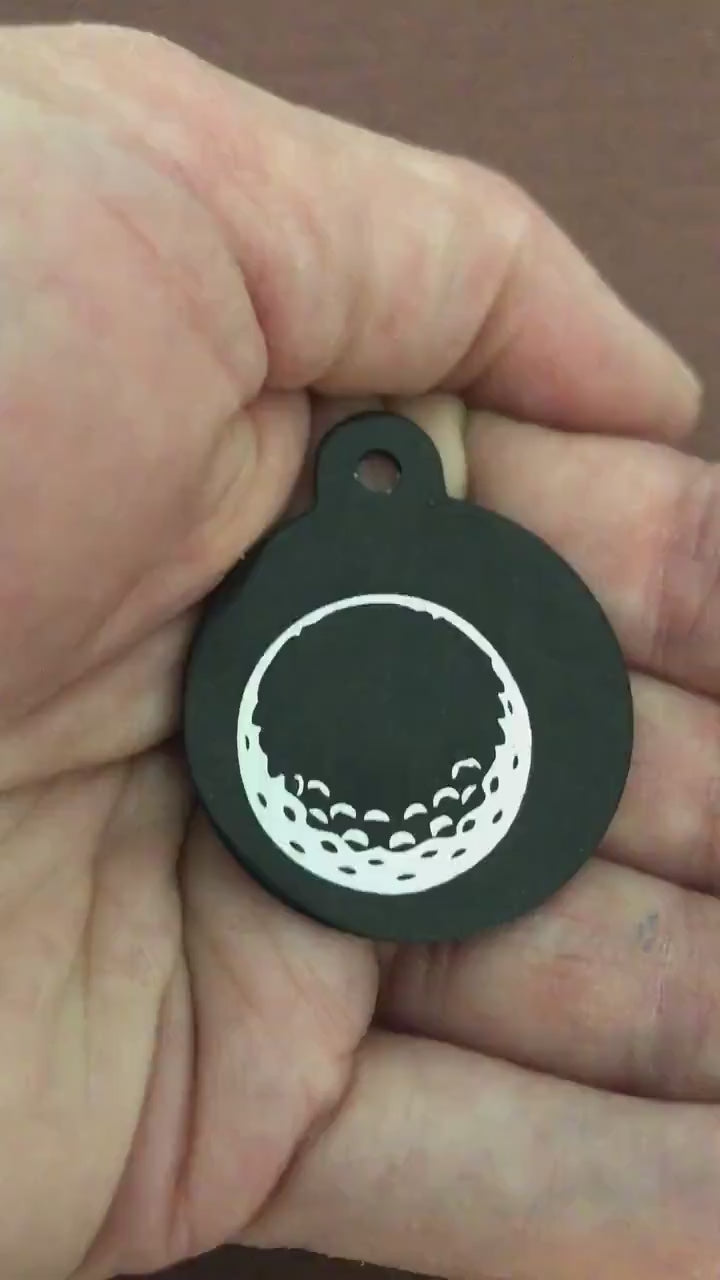 Golf Ball, Large Circle Tag, Black Personalized Aluminum Tag, Diamond Engraved ,Key Chain, Keychain For the Golf Lover, GBLBCT