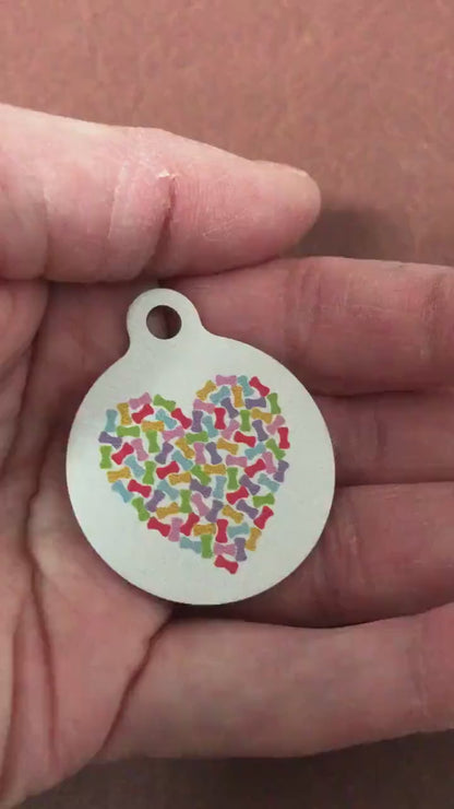 Heart With Bones Dog Tag Cat Tag Large Circle Tag Personalized Aluminum Tag Diamond Engraved Puppy Tag Kitty Tag For Dog Collar