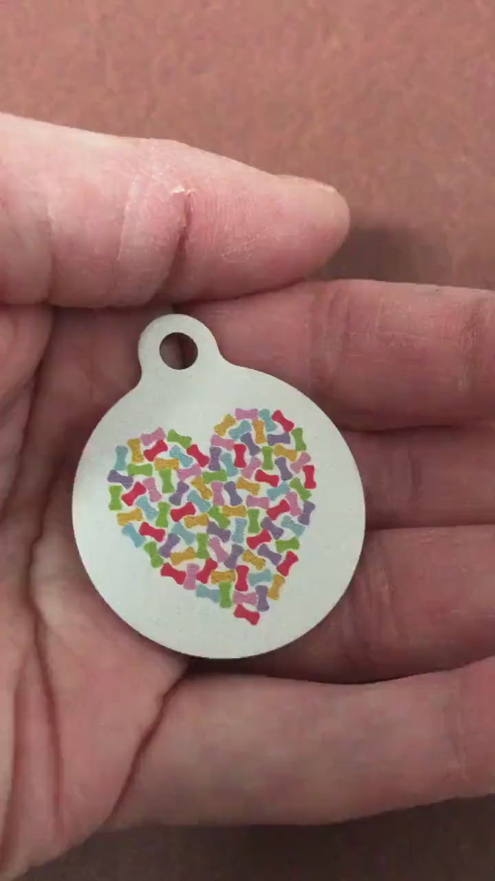 Heart With Bones Dog Tag Cat Tag Large Circle Tag Personalized Aluminum Tag Diamond Engraved Puppy Tag Kitty Tag For Dog Collar