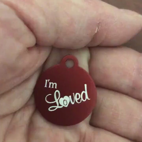 I'm Loved Small Red Circle Aluminum Tag, Personalized Diamond Engraved, Cat Dog Pet ID Tags For Cat collar, Dog Collar, Lost cat Lost dog id