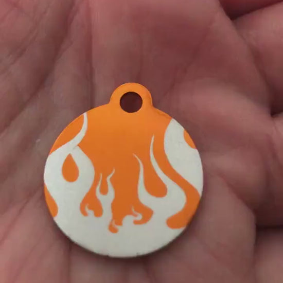 Punk Print Flames Design, Small Orange Circle Personalized Aluminum Tag Diamond Engraved Dog Tag Cat Tag Small Animal Tag Human ID Tag Kitty